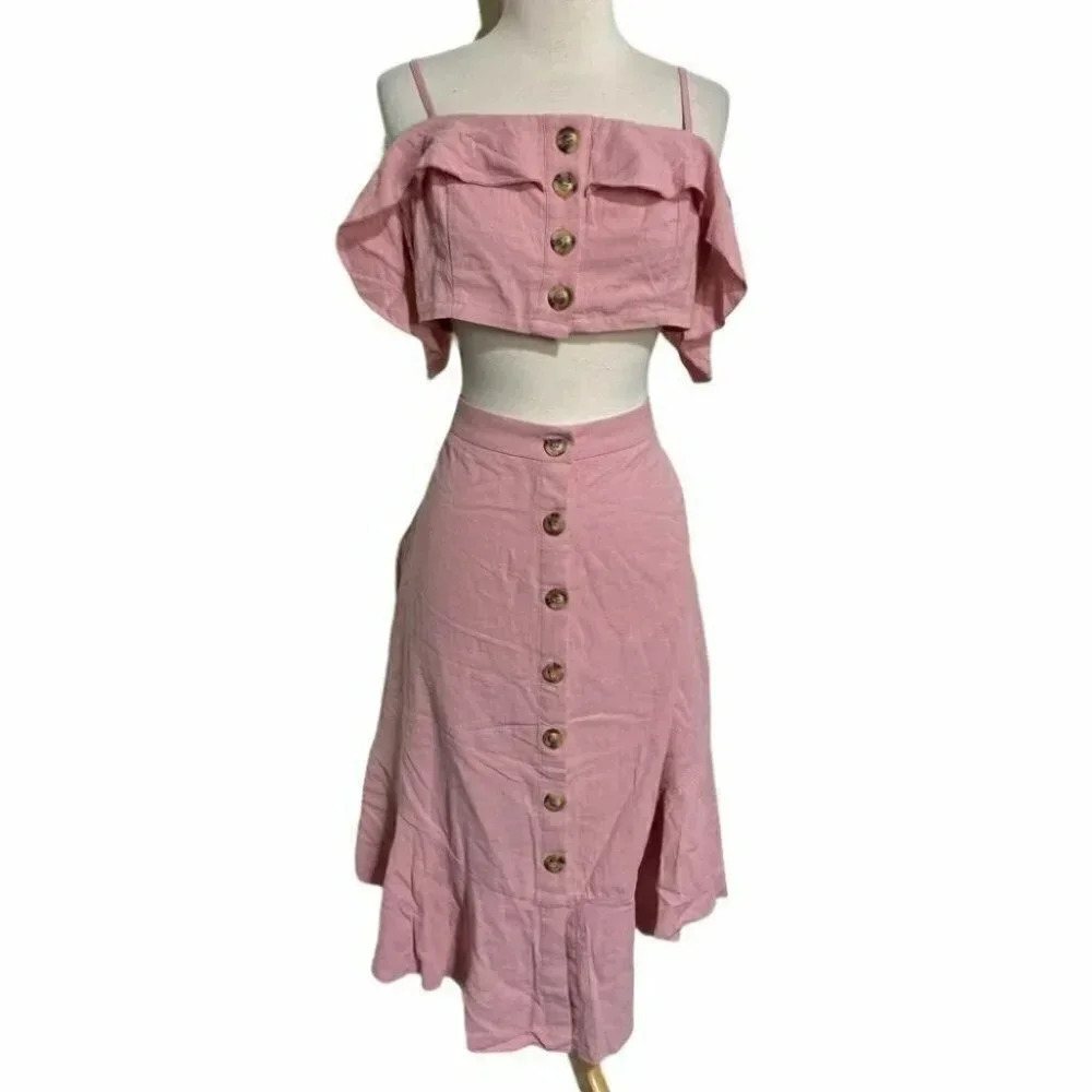 SHEIN Two Piece Skirt Set L Pink Ruffle Crop Top‎ Button Front Midi Skirt Boho